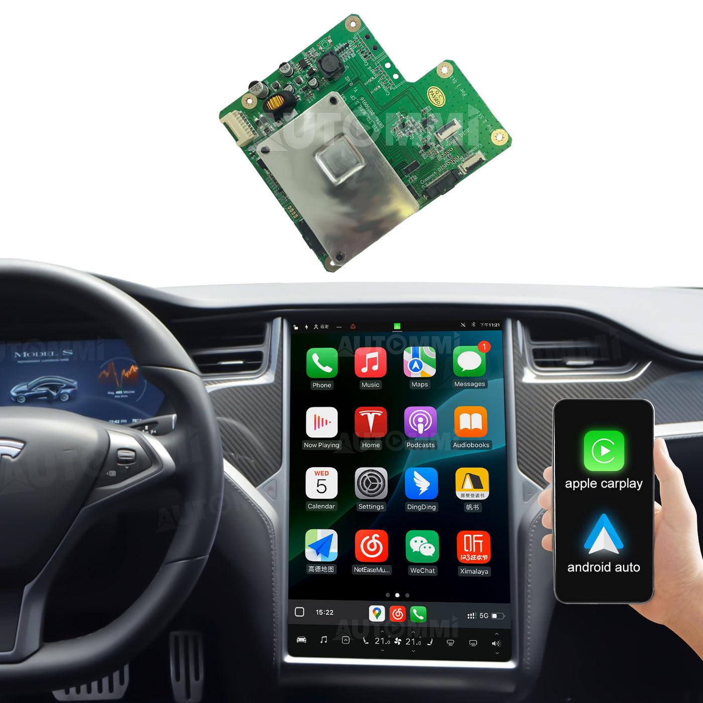 Kit de integración de módulo inalámbrico Apple CarPlay y Android Auto para unidades principales AutoMMI 2014-2021 Tesla Model S Model X