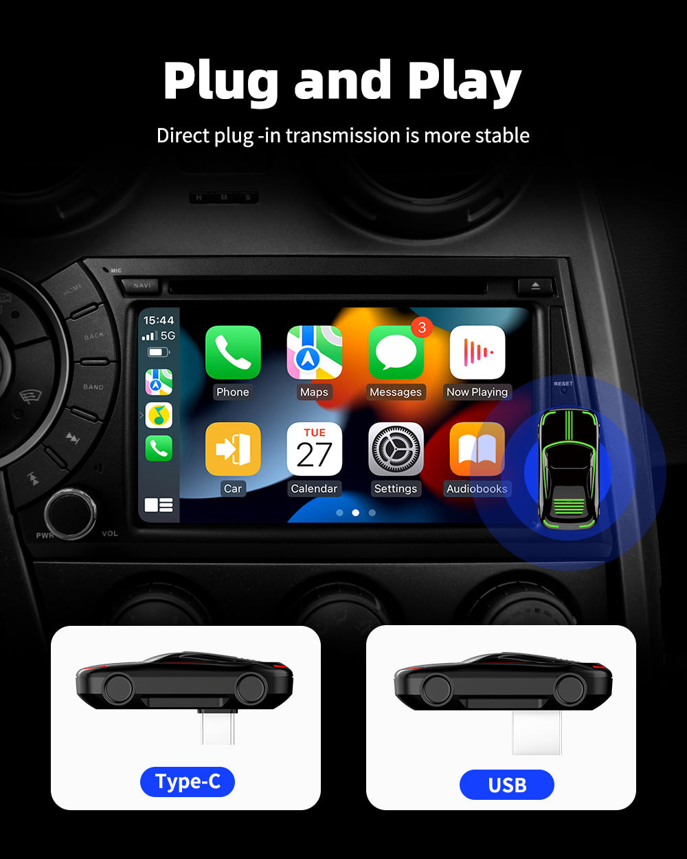AutoMMI Wholesale Wireless CarPlay Adapter Light Vertical 2-in-1 USB Dongle with IOS and Android Auto CarPlay AI Box for Cars