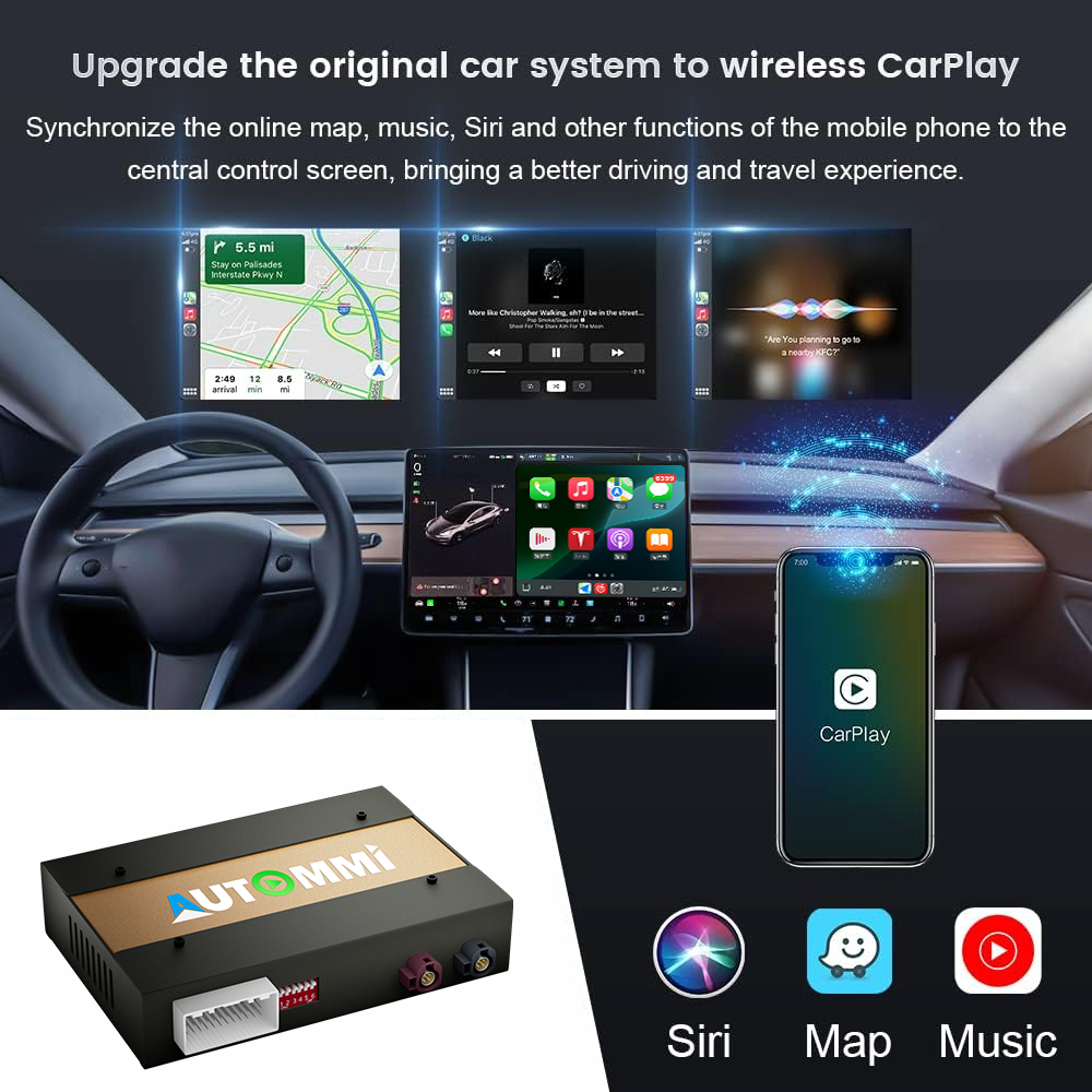 Kit de integración de módulo inalámbrico Apple CarPlay y Android Auto para unidades principales AutoMMI 2017-2024 Tesla Model 3 Model Y