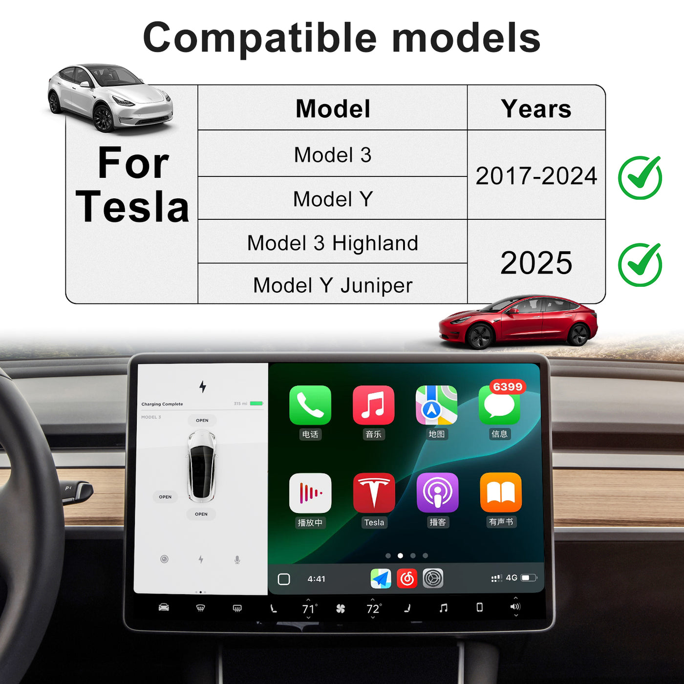 Kit de integración de módulo inalámbrico Apple CarPlay y Android Auto para unidades principales AutoMMI 2017-2024 Tesla Model 3 Model Y
