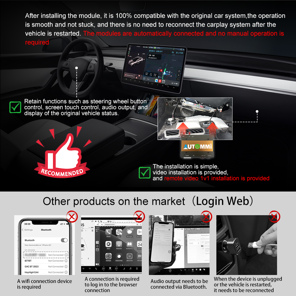 Kit de integración de módulo inalámbrico Apple CarPlay y Android Auto para unidades principales AutoMMI 2017-2024 Tesla Model 3 Model Y
